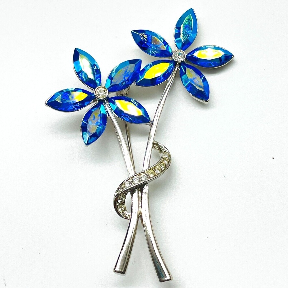 AB Rhinestone Flower Brooch Blue Silver Tone Bouquet Pin Vintage Statement